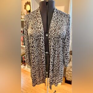 Chicos Lagenlook Sheer Leopard Open Front Cardigan Stunning Blue & Silver Accent